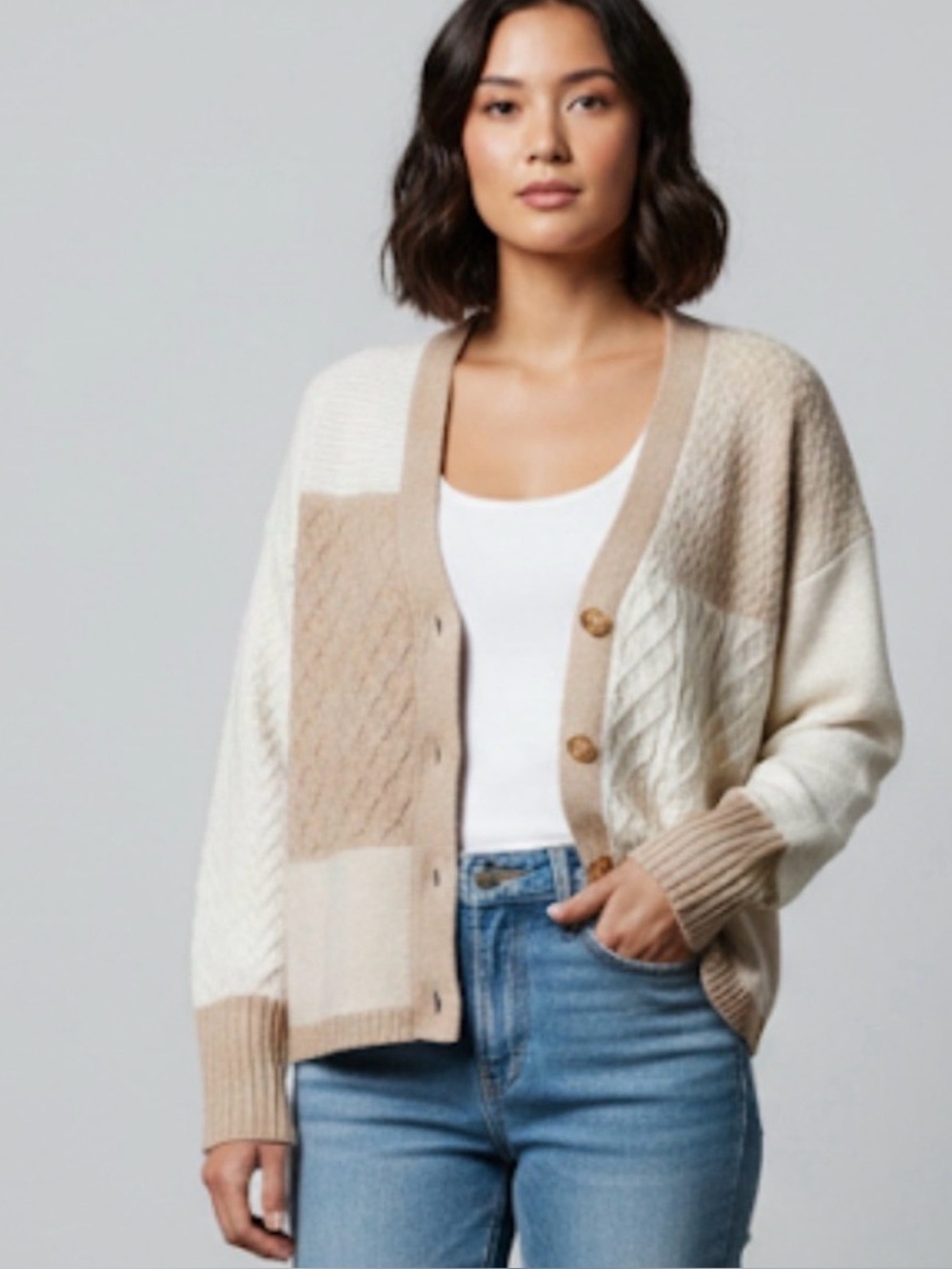 Rachel Zoe 100% 2-Ply Cashmere Colorblock Cardigan cropped – XL